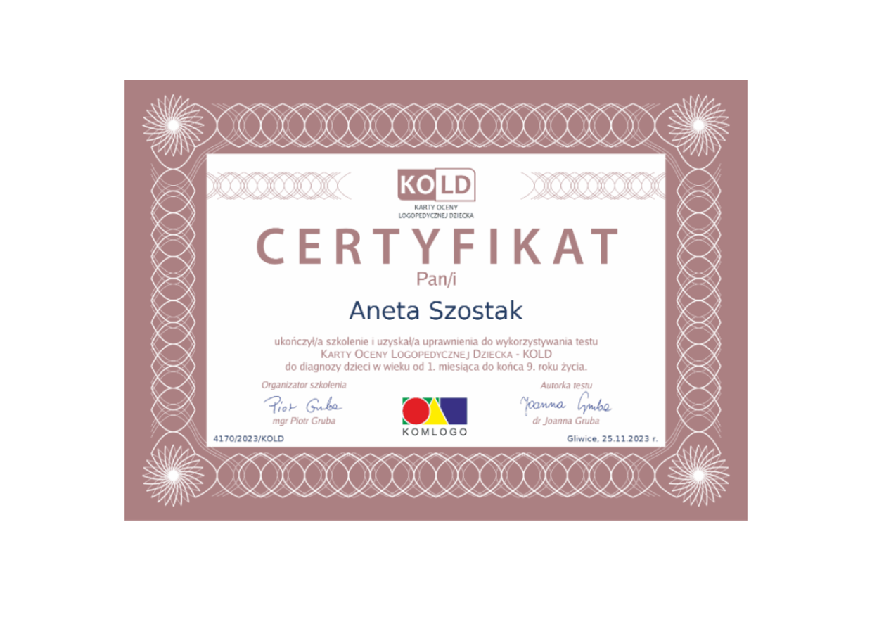 Certyfikat KOLD, Karty Oceny Logopedycznej Dziecka, Aneta Szostak