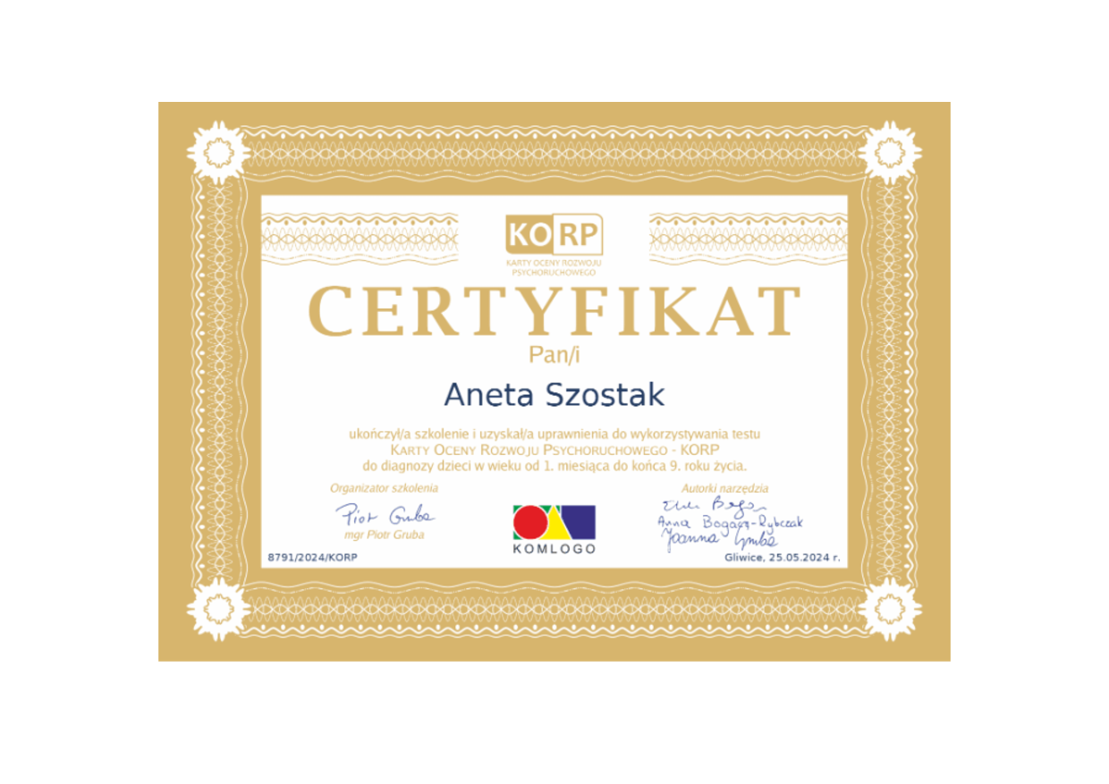 Certyfikat KORP, Karty Oceny Rozwoju Psychoruchowego, Aneta Szostak