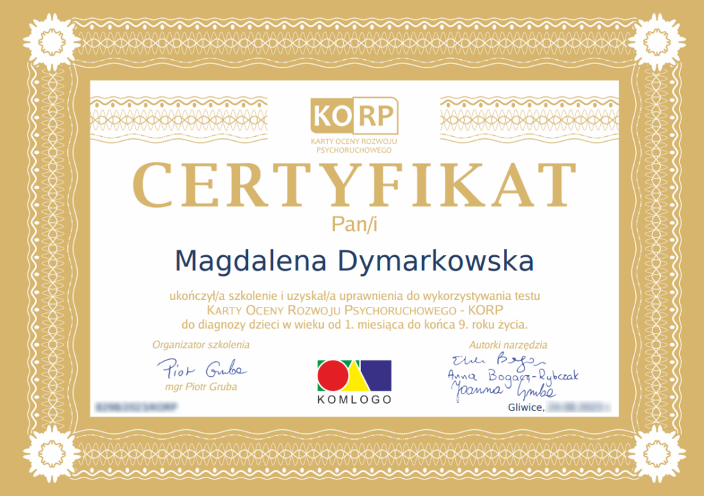 Certyfikat KORP, Karty Oceny Rozwoju Psychoruchowego, Magdalena Dymarkowska, KomLogo