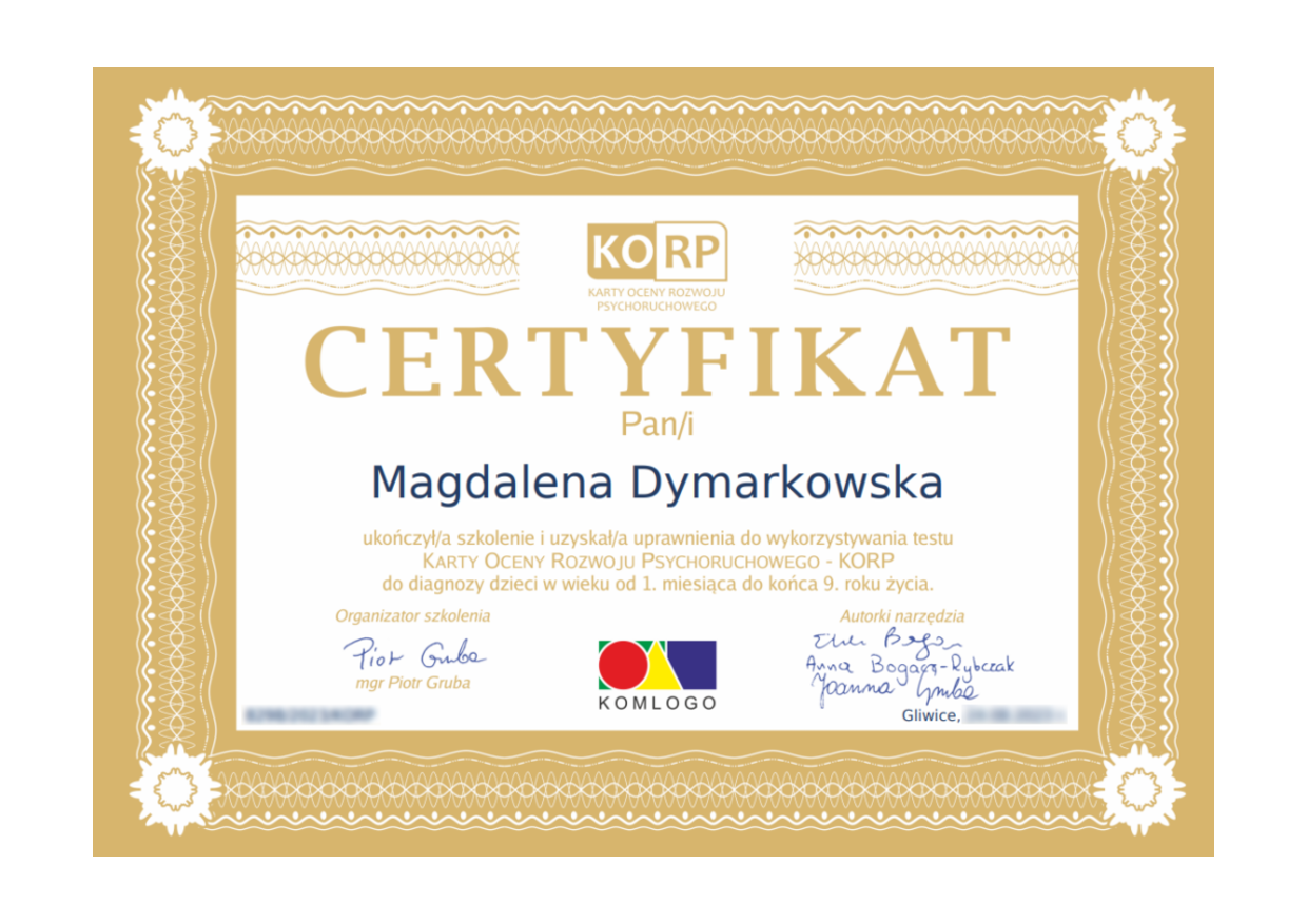 Certyfikat KORP, Karty Oceny Rozwoju Psychoruchowego, Magdalena Dymarkowska