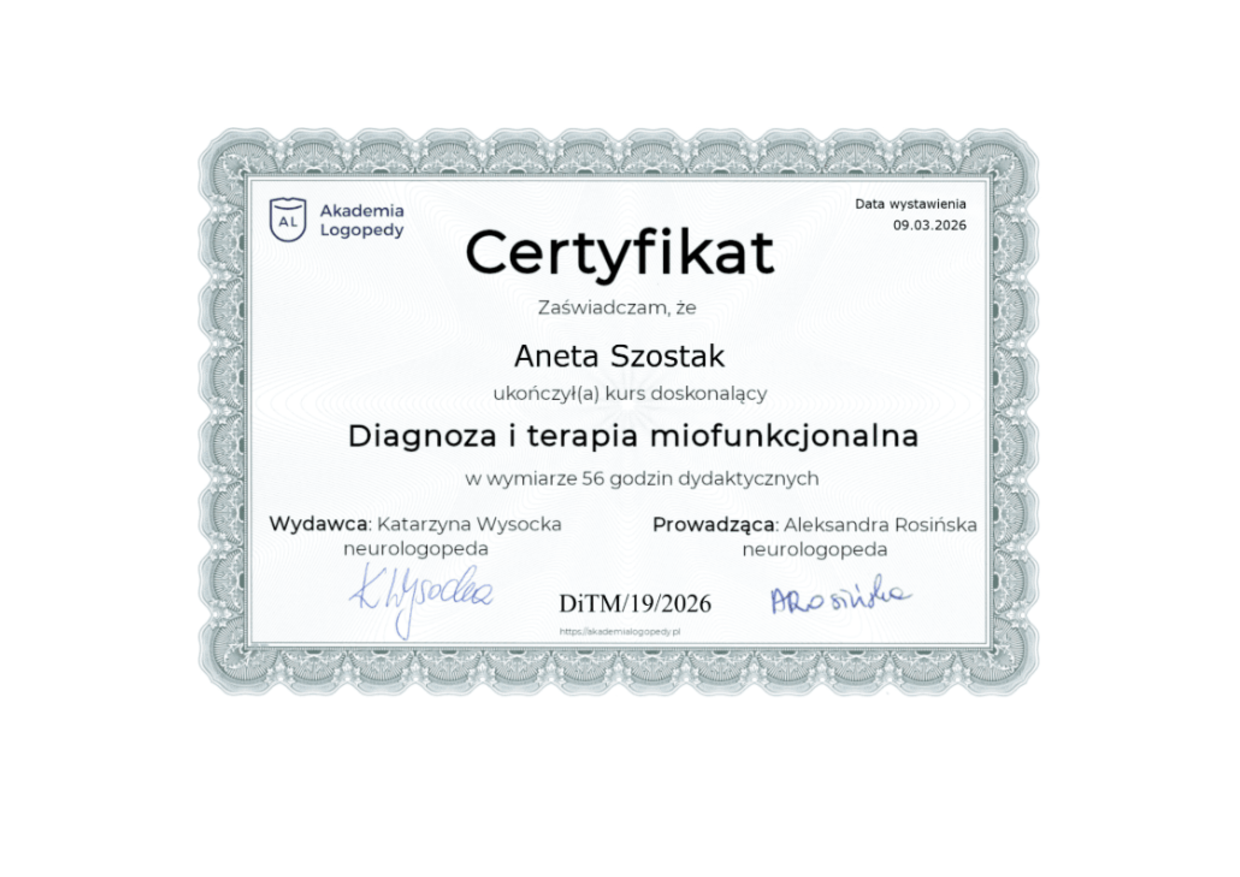 Certyfikat Diagnoza i terapia miofunkcjonalna, Aneta Szostak
