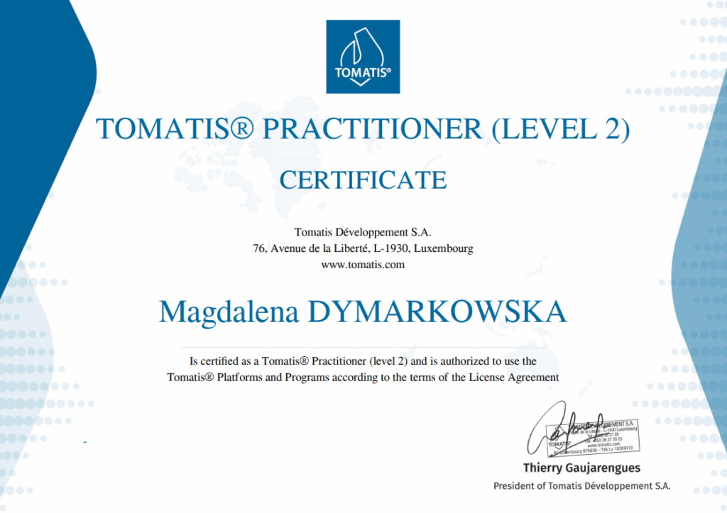 Certyfikat Tomatis® Practitioner (Level 2), Magdalena Dymarkowska